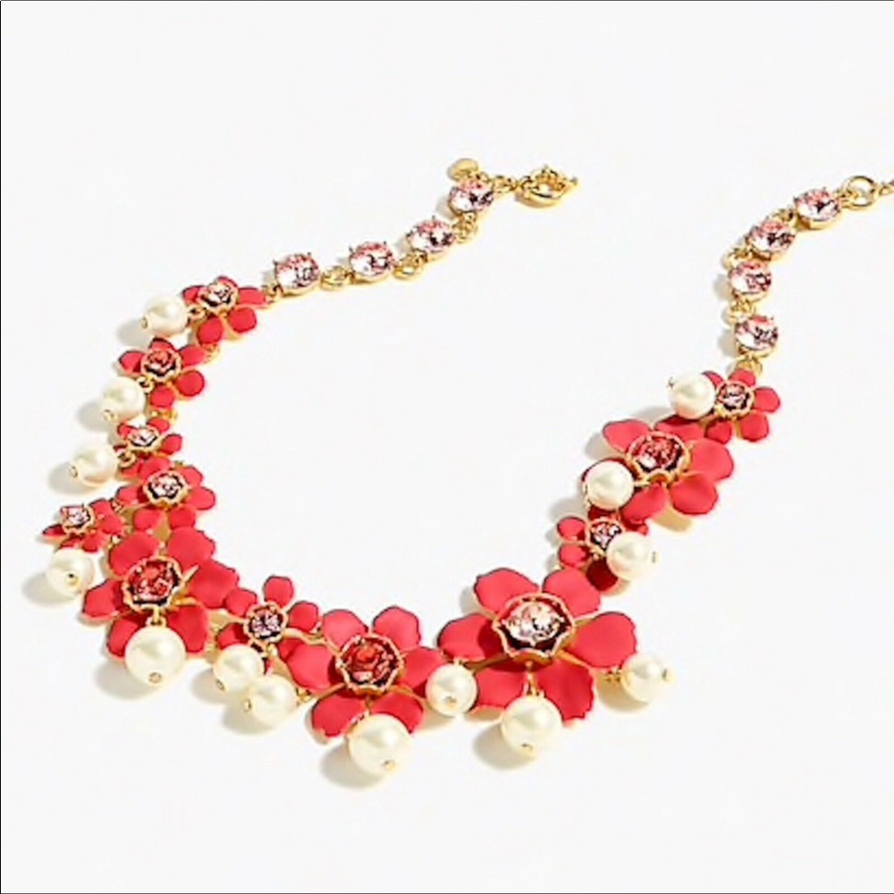 🔥NEW JCrew RedFlower Crystals-Pearls Necklace🔥